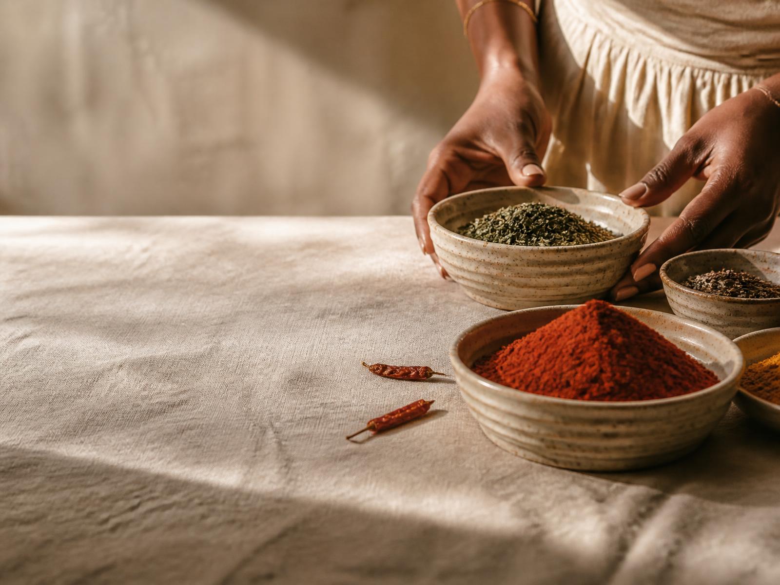 Nigerian spices in ceramic bowls on warm linen