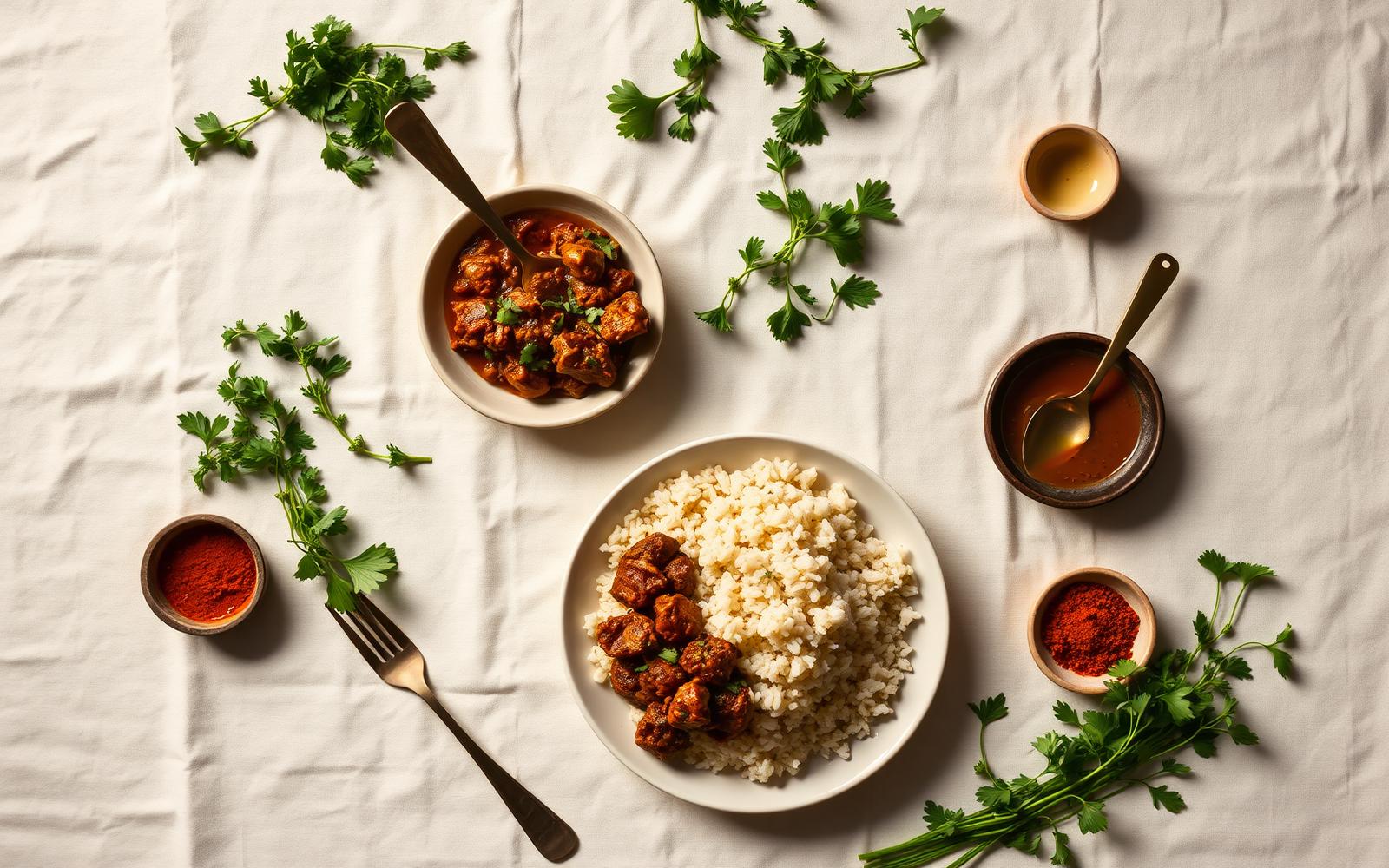 Overhead Nigerian meal in progress with spices and fresh herbs on linen