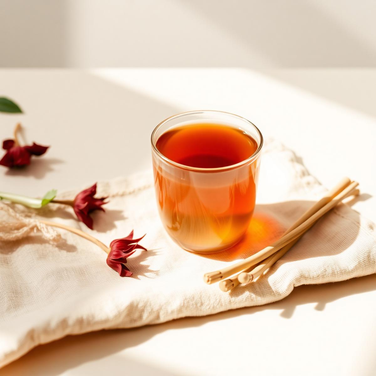 Amber Nigerian herbal infusion beside dried hibiscus on warm linen