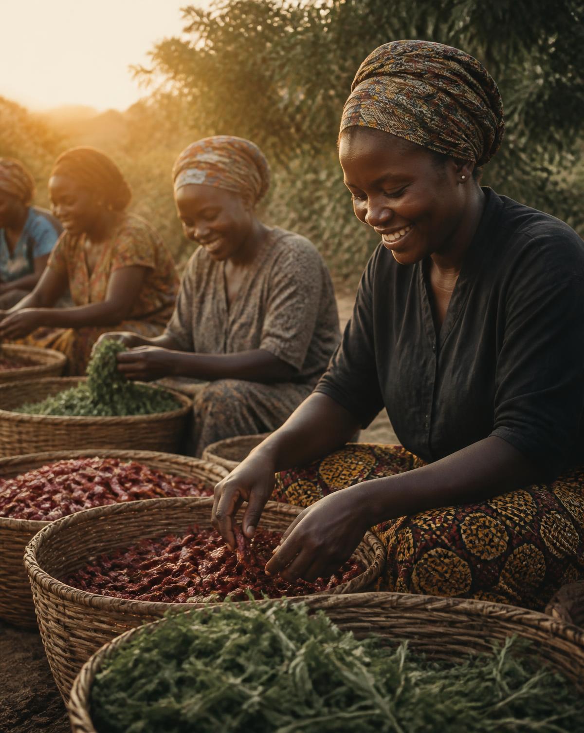 Nigerian farmers sorting dried peppers and herbs at golden hour